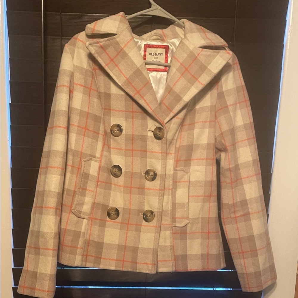Old Navy Women's Checkered Peacoat - Cream and Orange